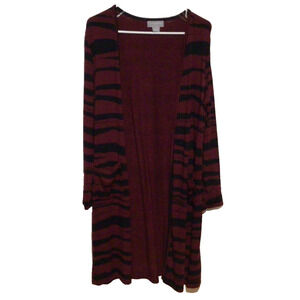 Liz Claiborne Burgundy & Black Zebra Stripe Long Open Front Cardigan – Sz Large